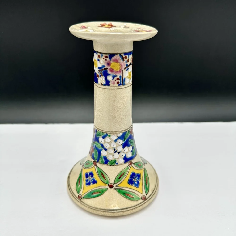 Boho Hand Painted Candlestick Holder 6” Japan Flowers Glazed Ceramic